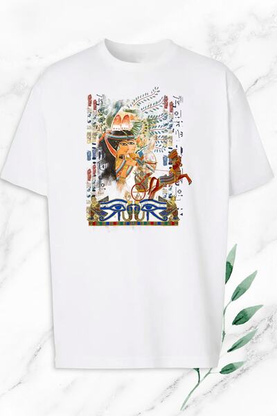 perseusshopping Tricou alb oversize unisex cu imprimeu egiptean egiptean antic