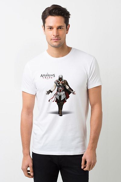 QIVI Λευκό ανδρικό πλεκτό μπλουζάκι με στάμπα Assassins Creed