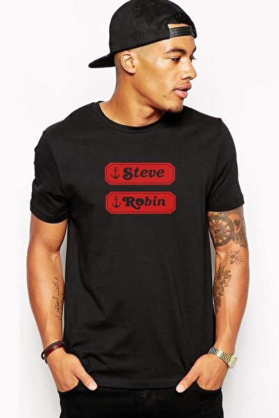 QIVI Stranger Things Robin & Steve Logo Štampano Crna muška Pleteno majica
