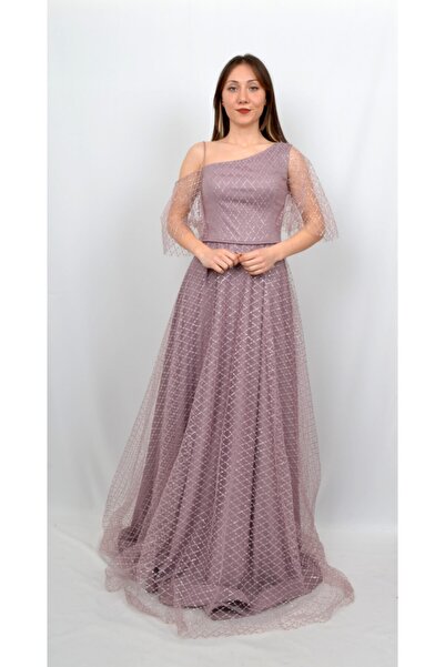 ALİS DRESS Kadın Lavanta Rengi Tek Omuz Kare Desenli Abiye