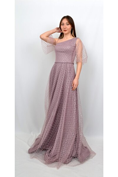 ALİS DRESS Kadın Lavanta Rengi Tek Omuz Kare Desenli Abiye