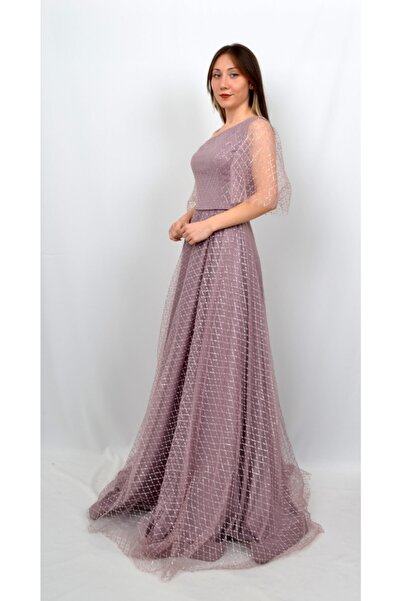 ALİS DRESS Kadın Lavanta Rengi Tek Omuz Kare Desenli Abiye