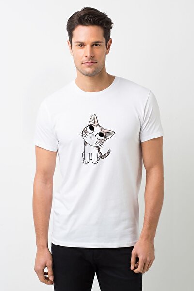 QIVI Kawaii Cat Здивована кішка з принтом Біла чоловіча трикотажна футболка T-shirt T-shirt
