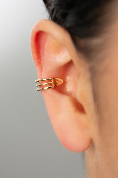 Elika Silver 3 Rows Detailed Hoop Model Women's Cartilage Earrings