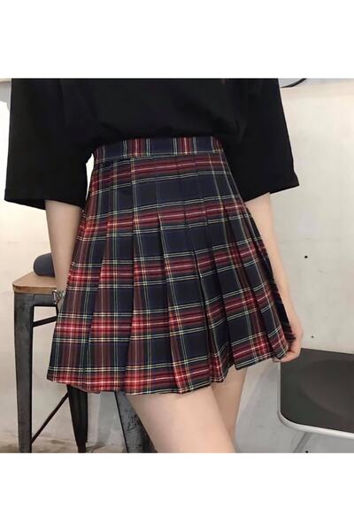 Köstebek Navy Blue Plaid Skirt with Red-White Stripes