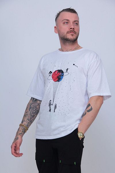 MODAGEN Μπλουζάκι Unisex White Saturn με στάμπα oversize