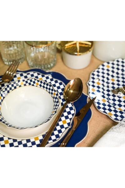 Pink&More Modern Lacivert Sarı Beyaz Dama Desen 24 Parça Yemek Takımı