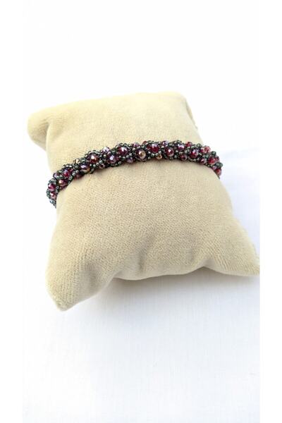 Bircan Hediyelik سوار نسائي من خرز الرمال بلون روبي كريستال أنثراسايت