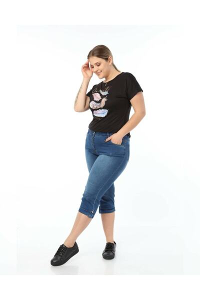 HaiModa Kadın Mavi Büyük Beden Kot Kapri