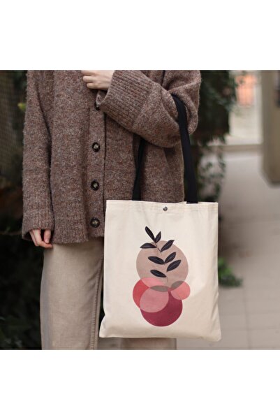 pamukcanta Kadın Bej Oval Yapraklı Tasarım Çıtçıtlı Bez Çanta