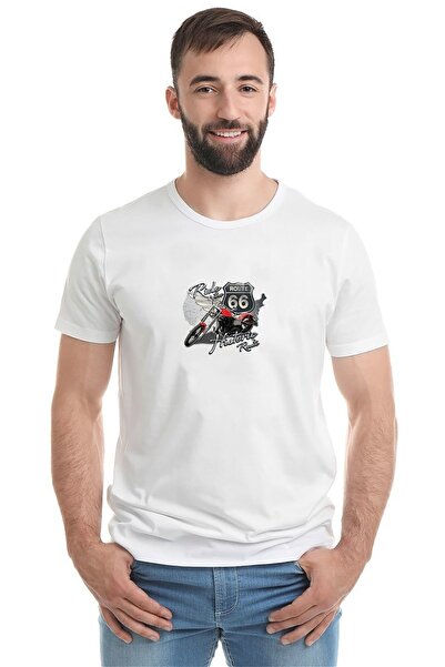 QIVI Route 66 Мотоцикл Велосипед Принт Білий Чоловічий Трикотажний T-shirt Футболка T Shirt