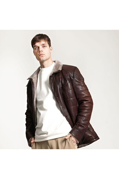 Dericlub Ottowa Men's Jumbo Fur Genuine Leather Coat with Fur Inside Hazelnut