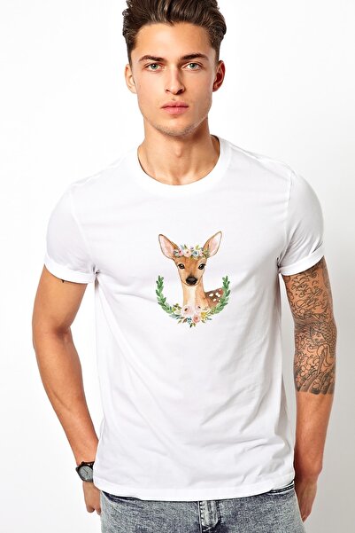 QIVI Akvarel Jelen Štampano Bela Muška Pleteno Majica T-shirt T-shirt