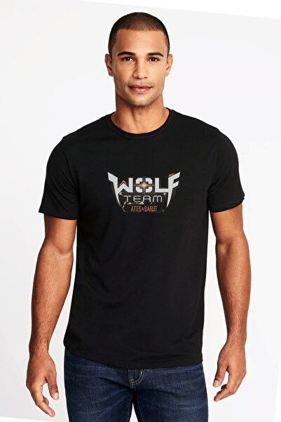 QIVI Tricou tricotat pentru bărbați, negru, cu sigla Wolfteam