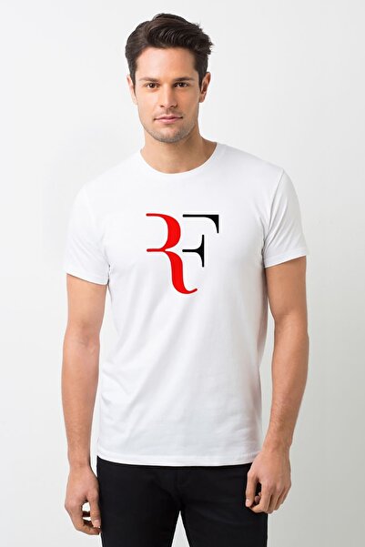 QIVI Tricou tricotat pentru bărbați alb cu imprimeu Roger Federer Rf