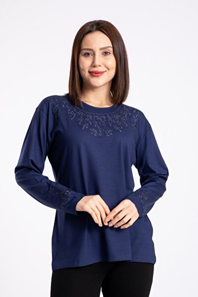 Nacar Anne Yaka Süslemeli Penye Bluz( Yaka Deseni Farklılık Gösterebilir )