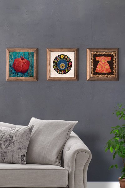 Oscar Stone Decor Masif (ahşap) Çerçeveli 3'lü Set Taş Tablo Pano 28x28 cm Na...