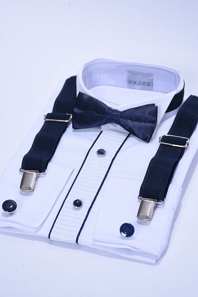 ceocuk Navy Blue Children's Shirt with Cufflinks, Bow Tie and Suspenders