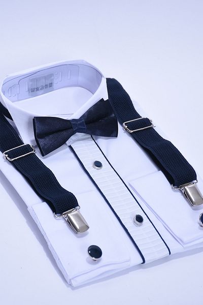 ceocuk Navy Blue Children's Shirt with Cufflinks, Bow Tie and Suspenders