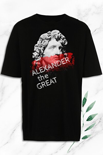 perseusshopping تي شيرت أسود بطبعة تمثال الأساطير الإسكندر الأكبر مقاس كبير