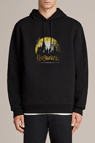 QIVI سويت شيرت رجالي أسود محبوك بغطاء للرأس مطبوع عليه H P Hogwarts Apparel B...