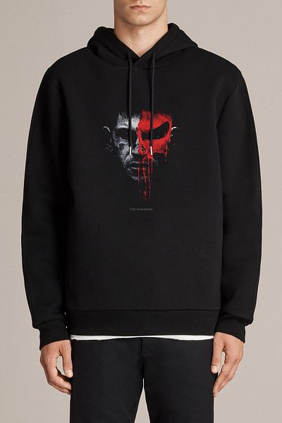QIVI The Punisher Printed Black Men's Knitted Hooded Sweatshirt Long Sleeve