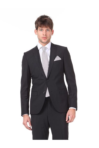 Kip Black Extra Slim Fit Pleatless Mono Collar 6 Drop Woven Suit Tkm-280