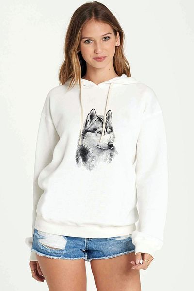 QIVI Wolf Wolf Siberian Dog Σχέδιο με μολύβι με στάμπα λευκό γυναικείο πλεκτό φούτερ με κουκούλα μακρυμάνικο