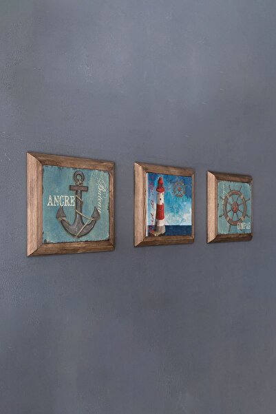 Oscar Stone Decor Deniz Feneri Çapa Dümen Masif Ahşap Çerçeveli Taş Tablo Pano 3'lü Set  28x28 cm