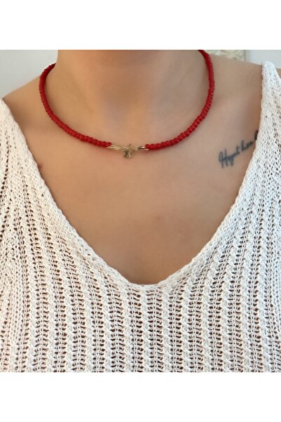 Markiz Takı Kırmızı Boncuk Kolye Anka Kuşu