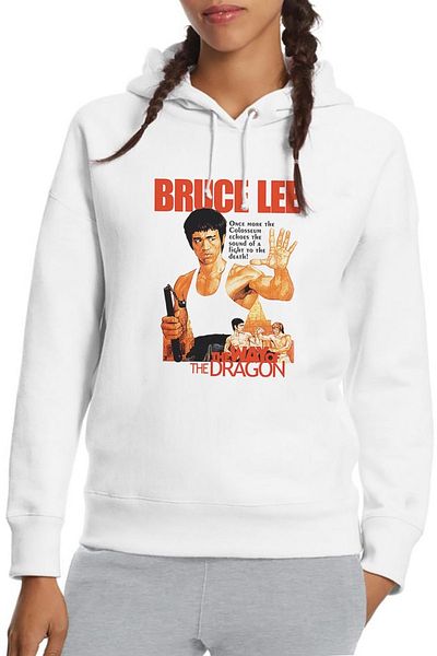 QIVI Hanorac tricotat cu glugă cu mânecă lungă, alb, cu imprimeu Bruce Lee2