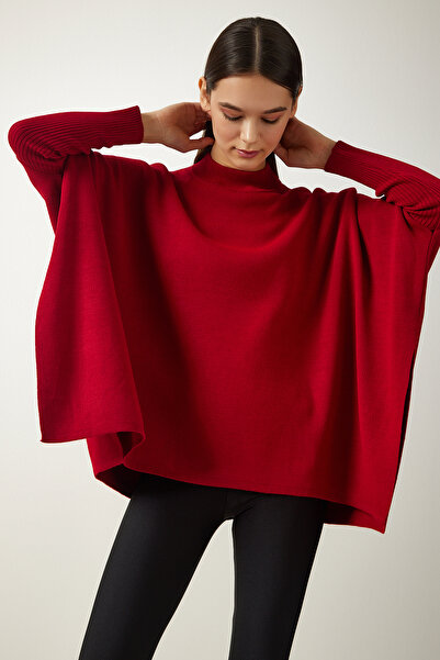 Happiness İstanbul Women's Red Stand-Up Collar Slit Knitwear Poncho Sweater ZA00074