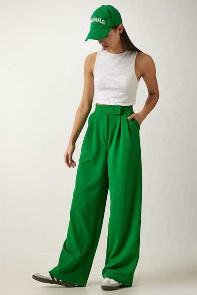 Happiness İstanbul Women's Vibrant Green Velcro Waist Comfortable Palazzo Pants Lİ00113