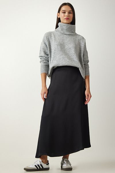 Happiness İstanbul Schwarzer asymmetrisch geformter Satin-Oberflächenrock für Damen UB00218