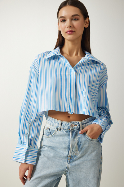 Happiness İstanbul Cămașă țesută din bumbac cu dungi albastru deschis pentru femei SF00010