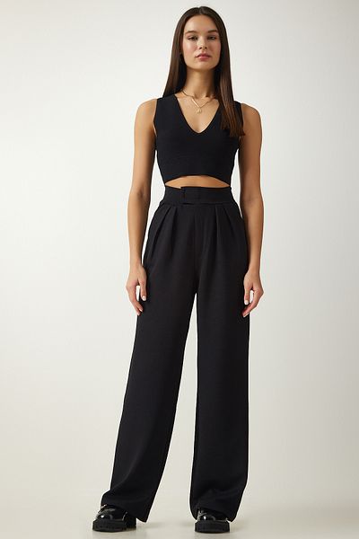 Happiness İstanbul Women's Black Velcro Waist Comfortable Palazzo Pants Lİ00113