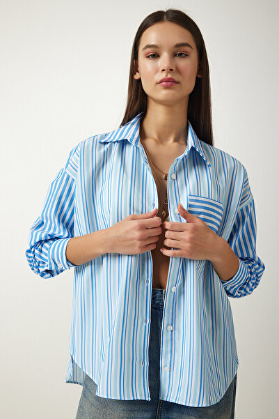 Happiness İstanbul Cămașă oversize din bumbac, țesută în dungi, albastru deschis pentru femei SF00009