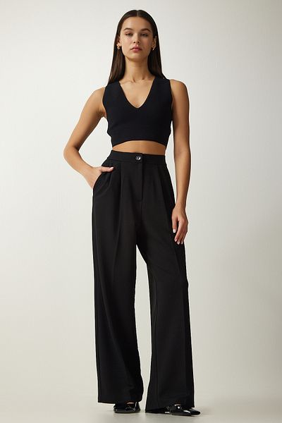 Happiness İstanbul Women's Black Pleated Palazzo Trousers DW00004