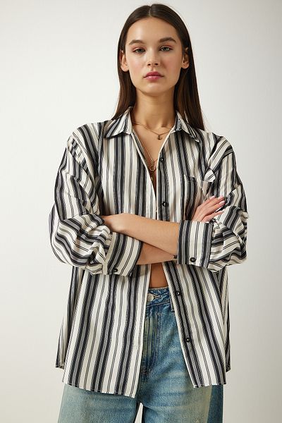 Happiness İstanbul Cremefarbenes, schwarz gestreiftes Oversize-Strickhemd für Damen SF00007