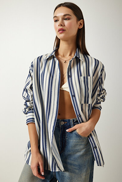 Happiness İstanbul Női krémszínű sötétkék csíkos Oversize kötött ing SF00007