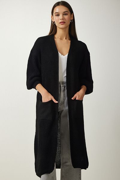 Happiness İstanbul Schwarzer langer Strick-Cardigan mit Ballonärmeln für Damen AS00026