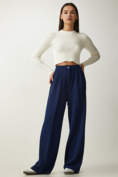 Happiness İstanbul Dámské námořnicky modré plisované kalhoty Palazzo DW00004