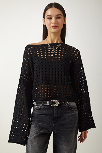 Happiness İstanbul Pulover negru de damă, tricotat cu ajurat, AS00027