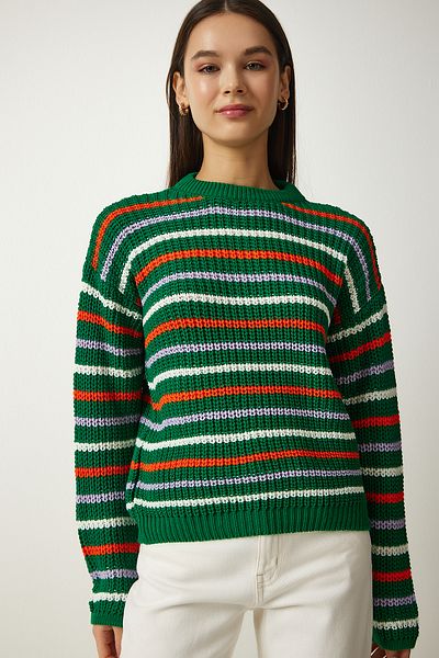 Happiness İstanbul Women's Green Striped Knitwear Sweater ZA00072