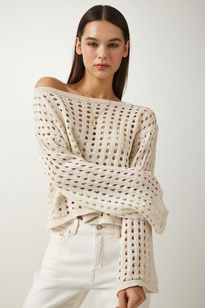 Happiness İstanbul Pulover de damă de culoare crem ajurat din tricotaj crop - cu șnur și textura moale