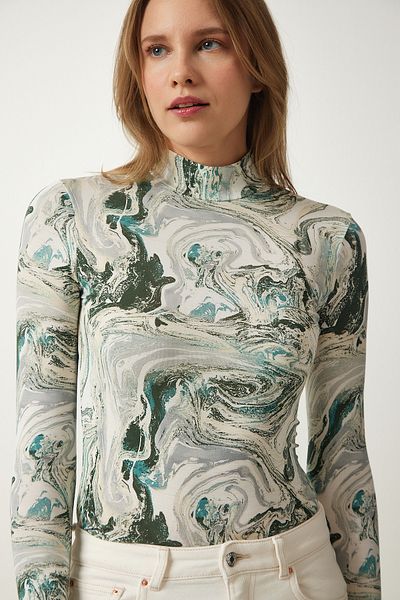 Happiness İstanbul Women's Green Patterned Soft Textured Knitted Blouse RX00038