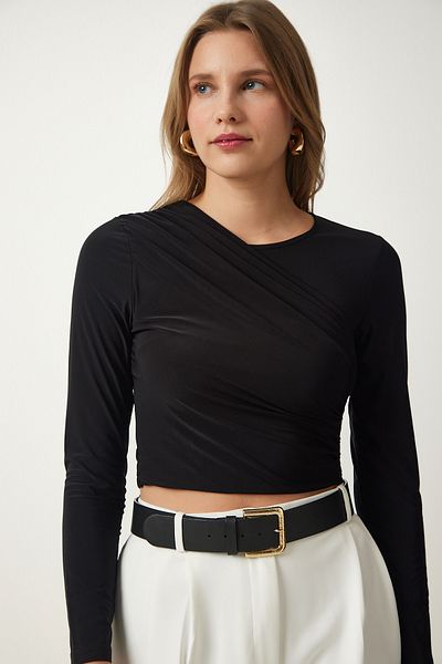 Happiness İstanbul Women's Black Gather Detailed Crop Sandy Blouse Lİ00111