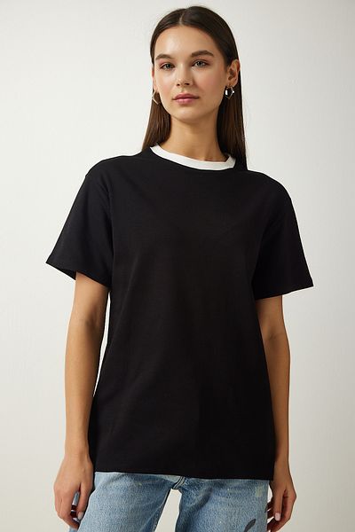 Happiness İstanbul Women's Black Crew Neck Knitted T-Shirt OW00016