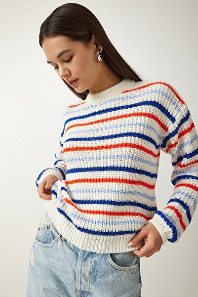 Happiness İstanbul Γυναικείο Πλεκτό Πουλόβερ ριγέ εκρού ZA00072