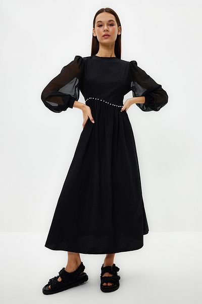 Trendyol Modest Чорна вечірня сукня з рукавами шифон Beli Pearl з деталями TCTSS24DB00005